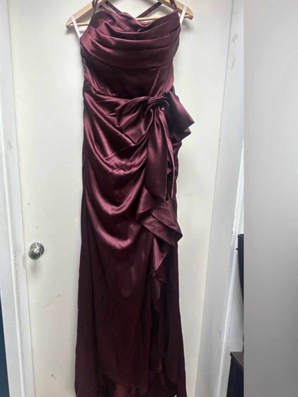 Elegant Burgundy Satin Prom Dress with Draped Ruching